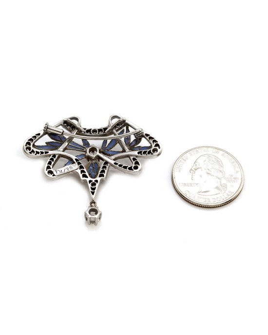 Nouveau 1910 Arctic Collection Ensueno Diamond and Enamel Brooch Pendant in Gold